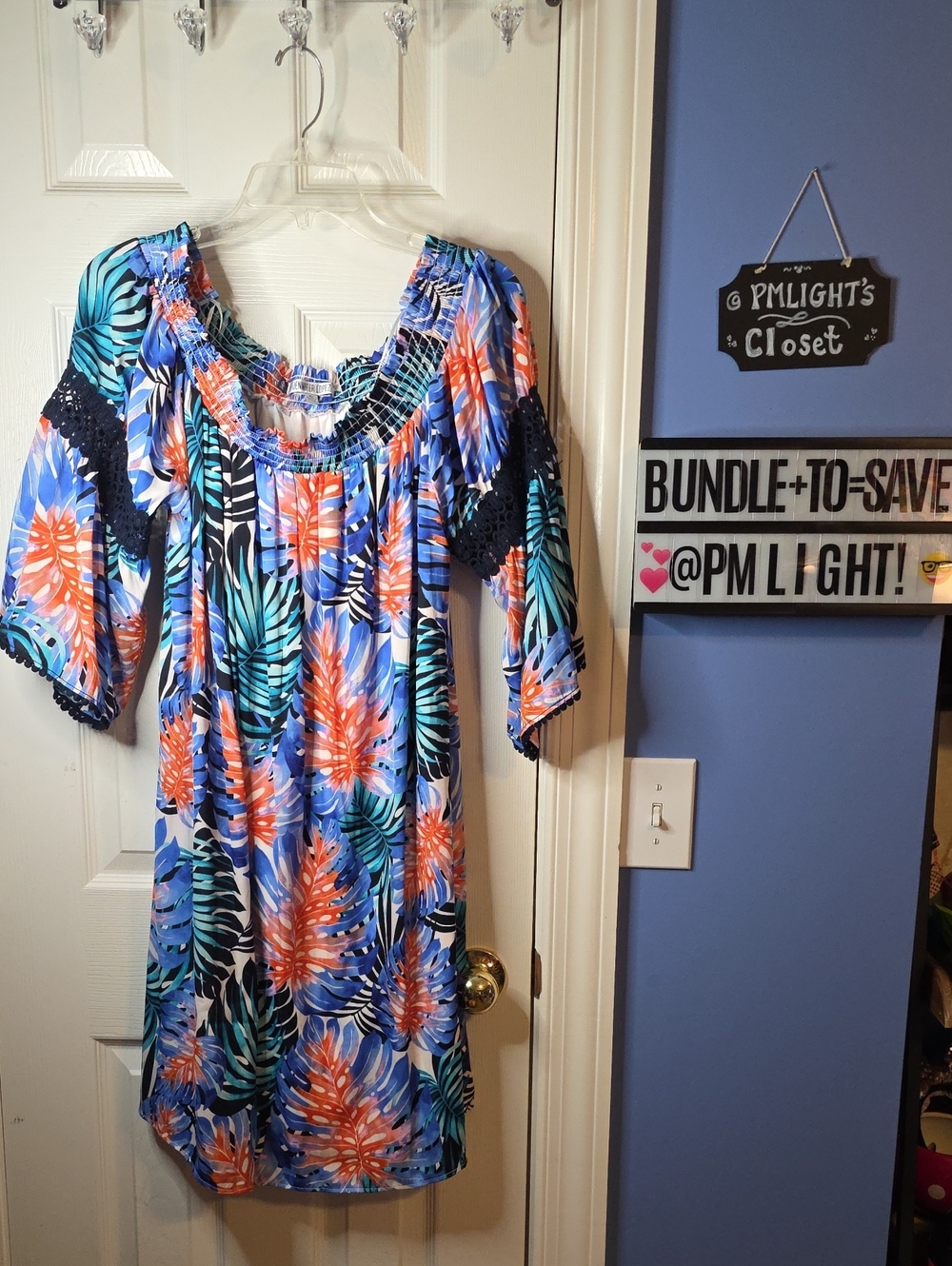 Jennifer Lopez Tropical Floral Off-Shoulder Blue Coral Tunic Blouse XL